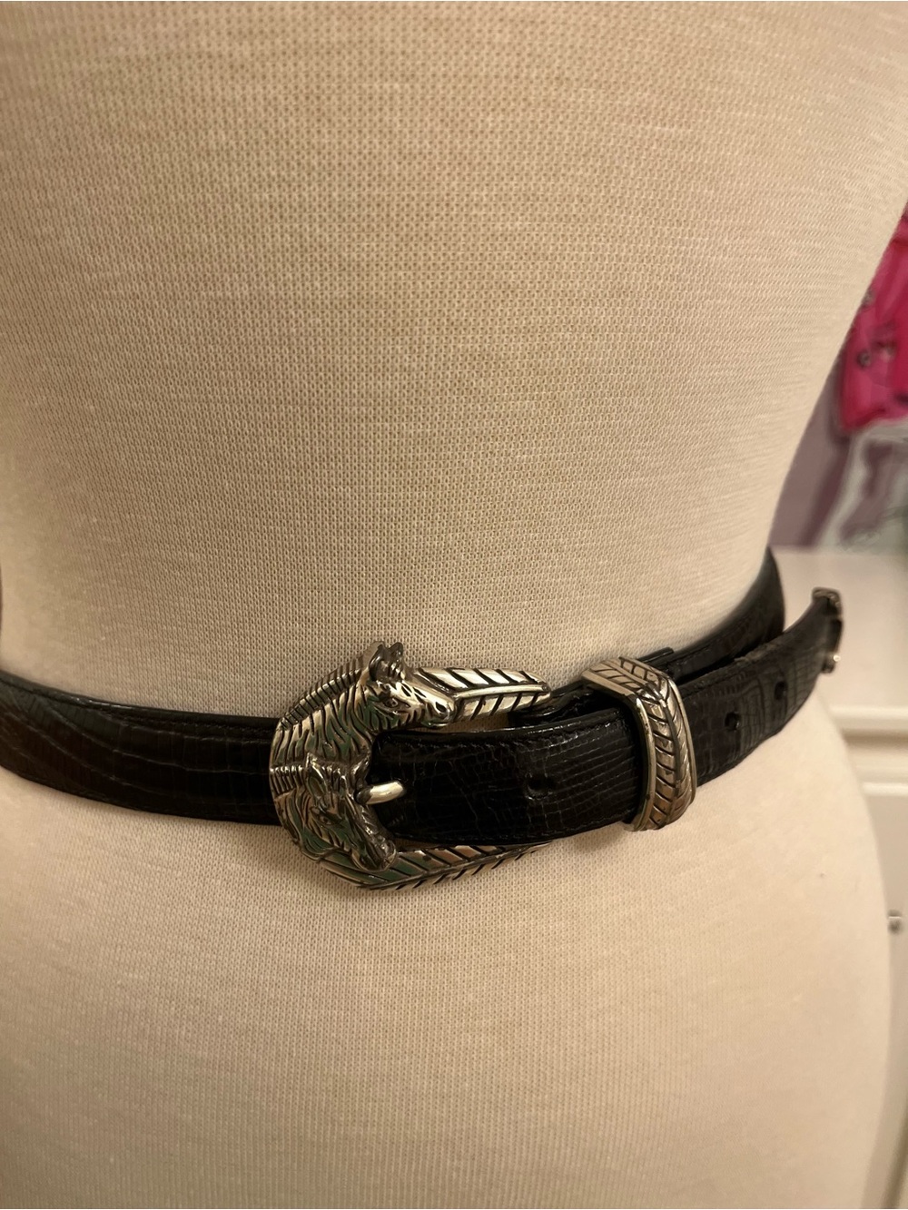 Brighton Vintage Lizard Embossed Leather Belt with Ornate Silver Zebra Buckle